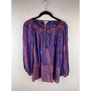 Lucky Brand Purple Boho Smocked Peasant Blouse Top Women Small Print Long Sleeve